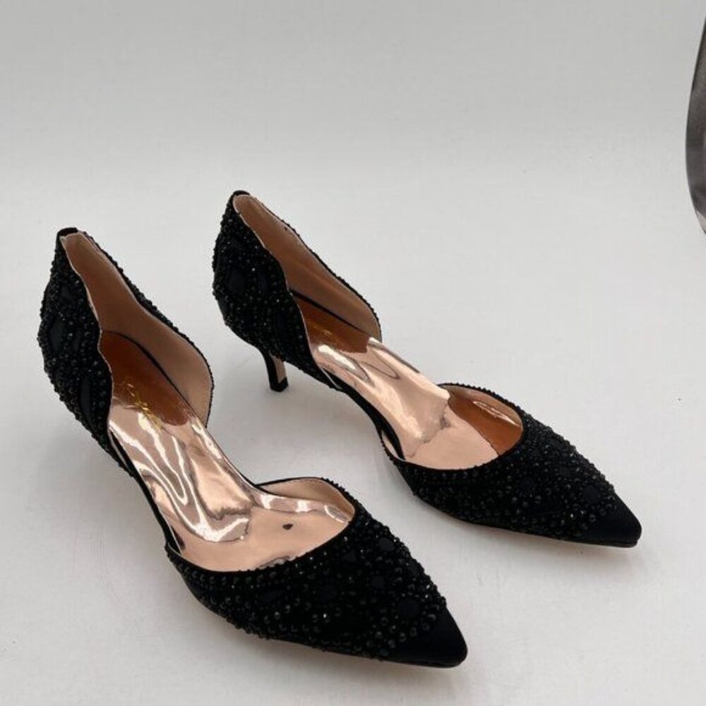 Embellished Black Pointed Toe Kitten Heel Pump - Picture 4 of 8